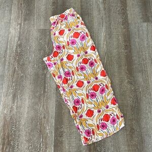 Rachel Zoe Linen Tan Red Gold & Pink Wide Legged Pull On Pants Cropped Large